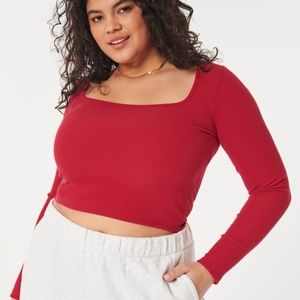 Hollister Cherry Red Cropped Square-neck Long-sleeve Top
